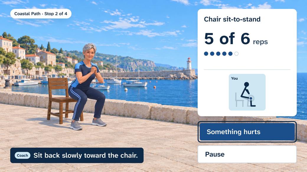 The Everway workout screen on a TV: the coach doing a chair sit-to-stand at the harbor, 5 of 6 reps