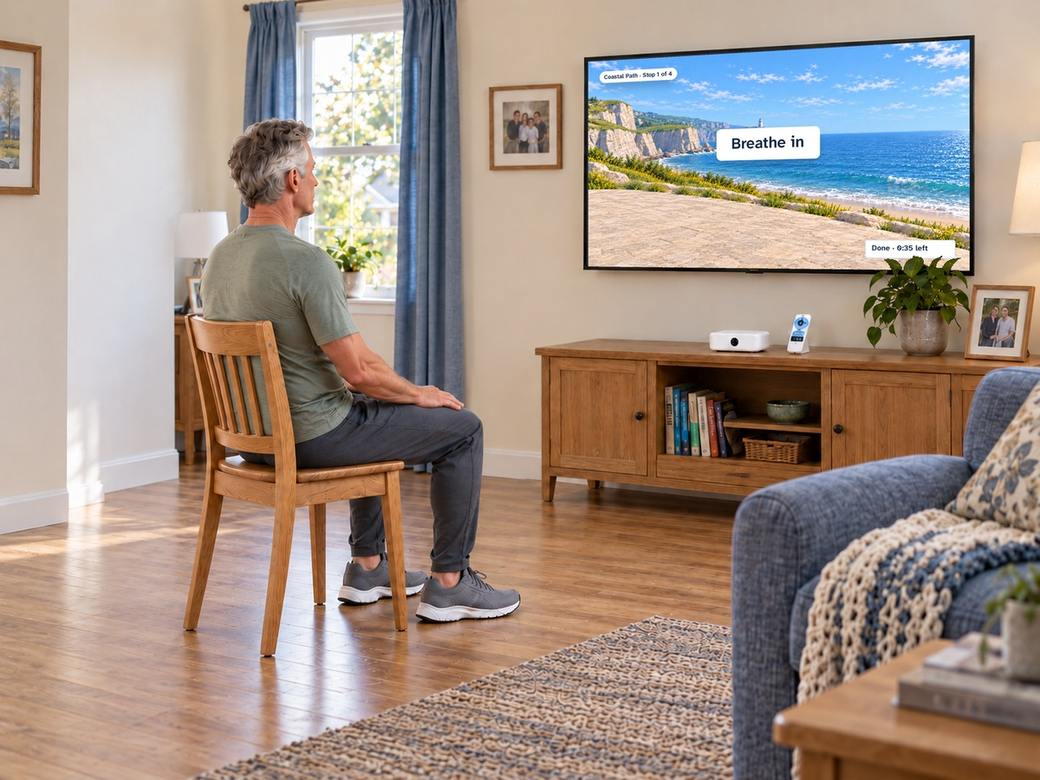 The same man seated and relaxed, breathing, with a calm shoreline and the words Breathe in on the TV