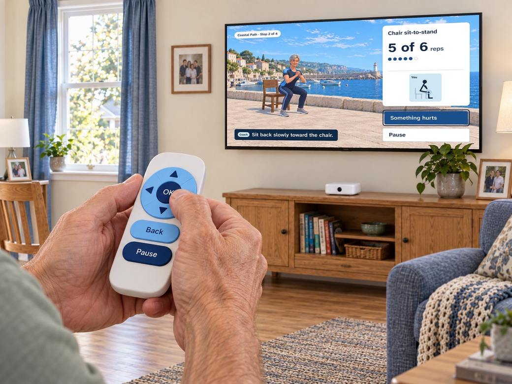 A hand pressing the OK button on the Everway remote, with Something hurts highlighted on the TV