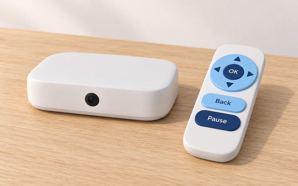 The Everway console, a small white box with a camera, next to its remote with large OK, Back and Pause buttons